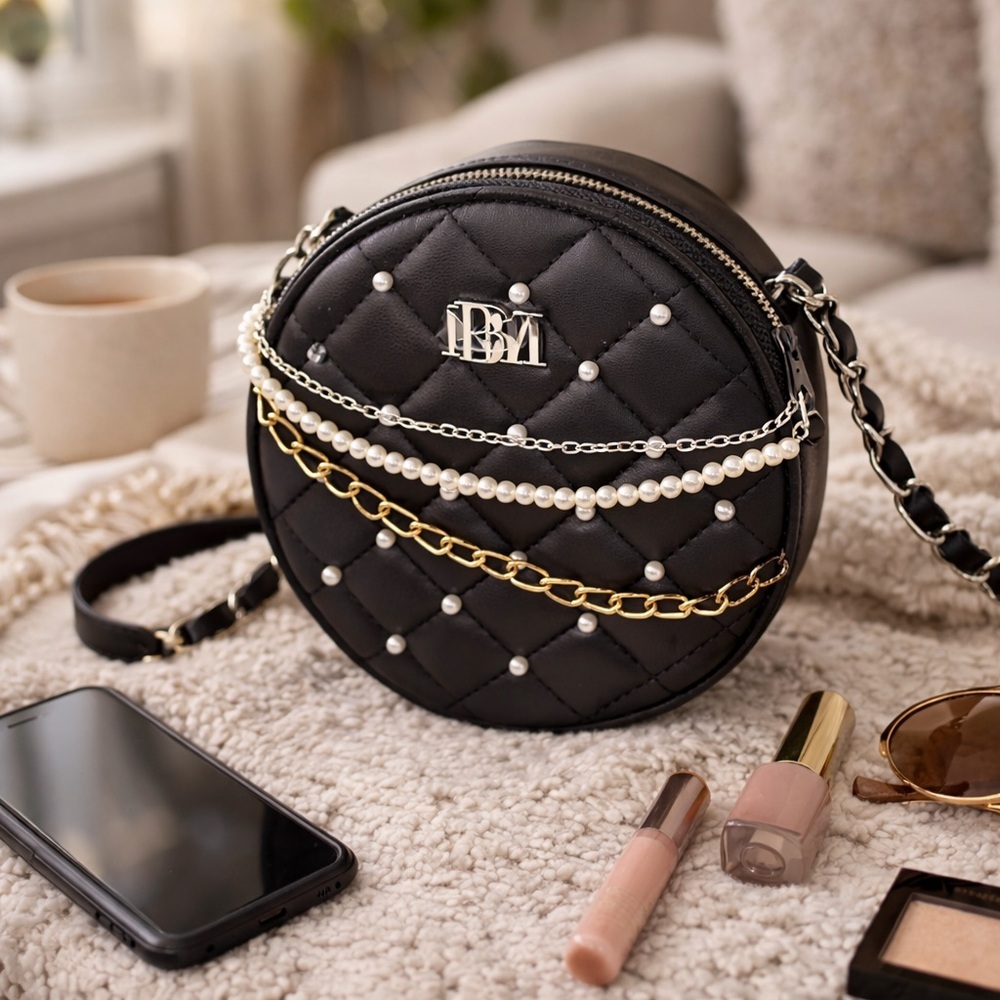 Badgley Mischka Quilted Pearl Chain Round Crossbody Bag Black Vegan Leather